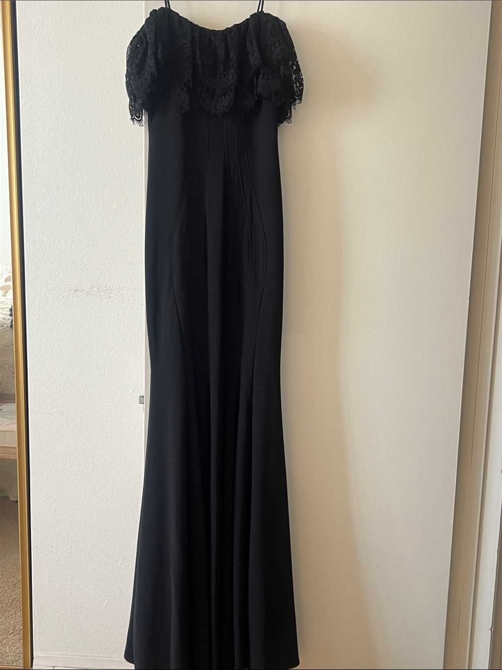 Betsy & Adam Black Strapless Lace Bodice Evening Gown